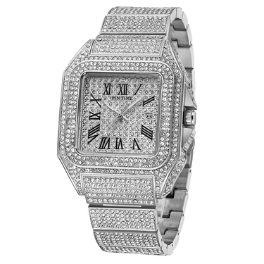 Hip Hop Bling Iced Diamond Square Men's Quartz Watch, Waterproof, Calendar Clock, Stainless Steel, 30 meters_voghion.com