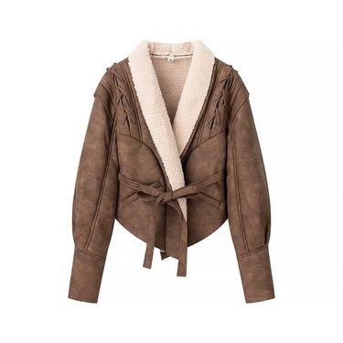 Autumn Fashion New Brown Lace Up Fur One-Piece Coat For Women's C92236_voghion.com