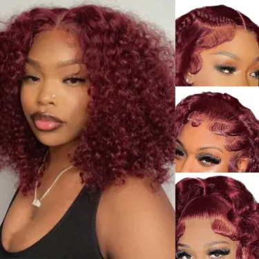 99J Burgundy Color Kinky Curly Human Hair Bob Wig 4x4 Closure Lace Front Short Bob Wig_voghion.com