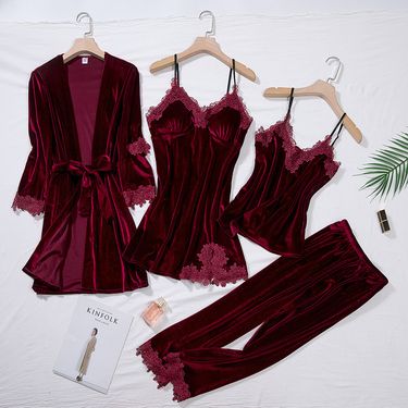 TOP Casual Velour Home Clothing 4pcs Sleep Set Intimate Lingerie Women Pajamas Suit Long Sleeve Lace Velvet Homewear Pyjamas Set_voghion.com
