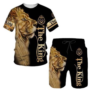 New Men's Sports Suit 3D Three-Dimensional Lion Print Short-Sleeved Outdoor Travel Leisure Two-Piece Suit Plus Size Clothing_voghion.com