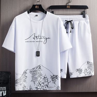 Men's Clothing T-shirt suit men's summer new snow mountain print fashion trend Korean version of slim fit large size sports two-piece set_voghion.com