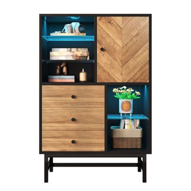 Vitrine Mit 12-Farben LED-Licht, Schubladen, Glasböden, Dreieck Holzmaserung_voghion.com
