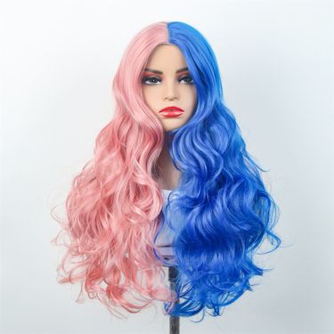Rose breathable inner net blue and pink wig middle part long curly hair female COS wig big wave high temperature wire spot_voghion.com