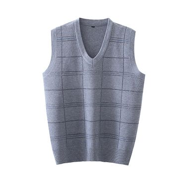 Men's Clothing A generation of spring and autumn men's plaid vest loose V-neck sleeve back middle-aged sleeveless vest V-neck jacquard sweater_voghion.com