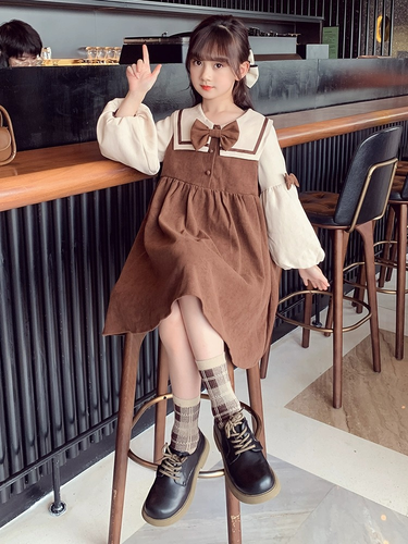 Girls' Fashion New Middle Big Children's Girls Corduroy Princess Dress Long sleeved Western Autumn and_voghion.com