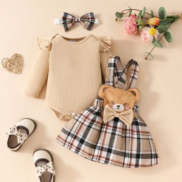 European And American Baby Autumn And Winter Striped Long Sleeved Triangle Romper + Bowknot Plaid Bear Doll Suspender Skirt + Hairband Set_voghion.com