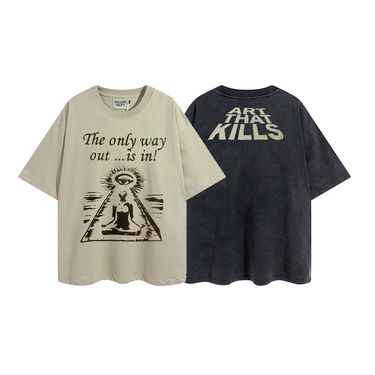 GALLERY High Street Washed Egyptian Pharaoh Print Loose FOG Small Neck Short Sleeve T-shirt_voghion.com