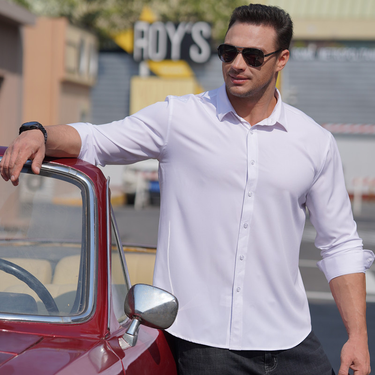 Plus size men's solid color stretch long-sleeved shirt men's spring and autumn new large size fat brother business casual professional shirt thin_mkmklike.com