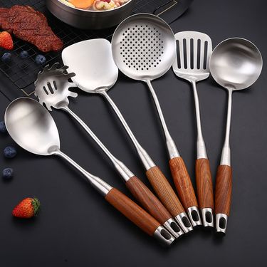 6-Piece 304 Stainless Steel Kitchen Utensil Set – Heat-Resistant Spatula, Spoon, Slotted Spoon & More With Rosewood Handles_voghion.com