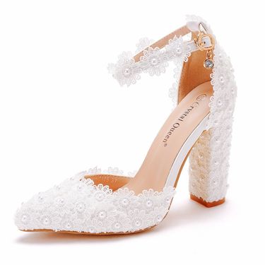Women’s Shoes 10cm white lace pointed toe thick heel sandals wedding dress shoes spring and autumn thick heel pointed toe sandals white wedding shoes_voghion.com