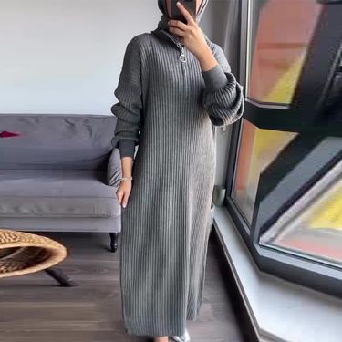 Muslim Loose Lazy Style Solid Color Knitted Zipper Lapel Sweater Dress For Women_voghion.com