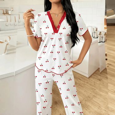 Hot Selling Printed Short Sleeved Trousers Pajamas For Women, Comfortable Wide Leg, Can Be Worn Outside, Ladies' Home Clothes_voghion.com