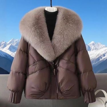 Women's Clothing Short Puffer Jacket With Fox Fur Collar - Cozy Winter Coat, Thicken Warm Fleece Lining, Loose Fit, Zipper Closure, Multiple Colors_voghion.com