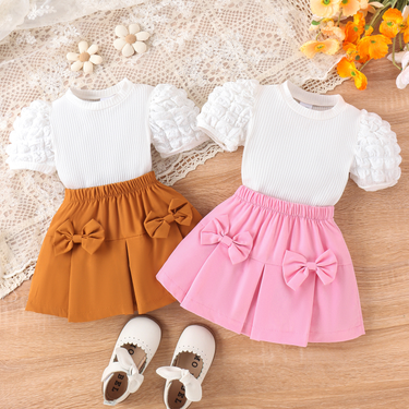 Baoxin children's clothing cross-border European and American new girls summer fashion puff sleeve top + bow skirt two-piece set_voghion.com
