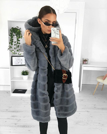 Women's Fashion Solid Color Plush Hooded Mid-length Coat_voghion.com