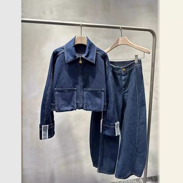 Clothing Trendy Brand Niche Design Unique Blue Jacket Pants Two-Piece Set For Women Spring And Autumn Fashion_voghion.com