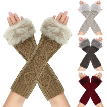 Men's Gloves Diamond shaped long fur gloves for women with sleeves, knitted warm fingerless arm sleeves, autumn and winter wool long gloves_voghion.com