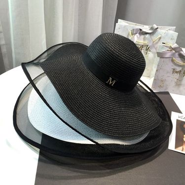 Hepburn style protection, shading, large brim straw children's versatile summer outing, sun hat, vacation, white beach_voghion.com