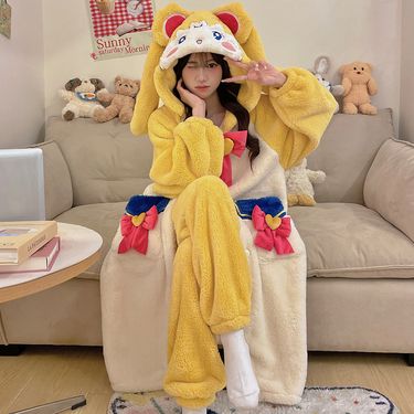 202 Winter New Cartoon Cute Pajamas, Women's Long Hairy Robe Set, Cardigan Hooded Loose Home Clothes Set_voghion.com