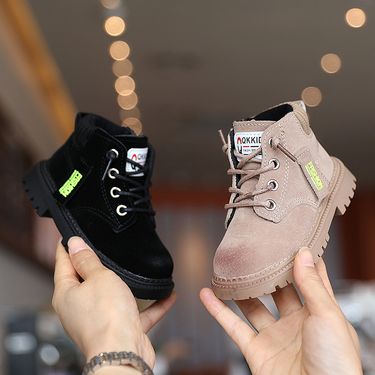 Boys' short 2021 winter new English style leather children's baby Martin boots plush cotton shoes_voghion.com