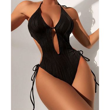 2025 New One-Piece Swimsuit Women Solid Color Tie Sexy High-Waisted Bikini Swimwear_voghion.com