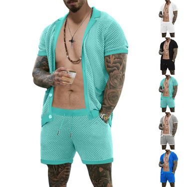 Hollow Out See-through Cool Casual Thin Outerwear Men's Short Sleeve Shorts Set_voghion.com