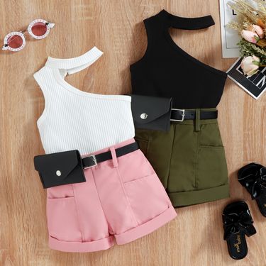 TX Children's Clothing Summer Sleeveless Off Shoulder Pit Top Curled Shorts Trendy Girls' Set_voghion.com