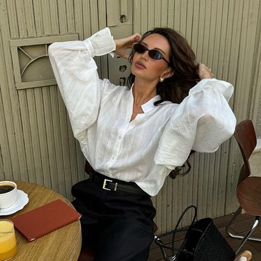 European And American Women's Clothing Sweet Fresh Loose Stand Collar Lantern Sleeve Long Sleeve Shirt_voghion.com