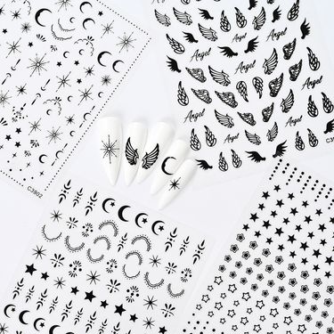 Japanese Style Star Moon Wings Nail Sticker Set - Holographic Silver, Feather Decals, Simple Cute Girl Nail Art Stickers_voghion.com