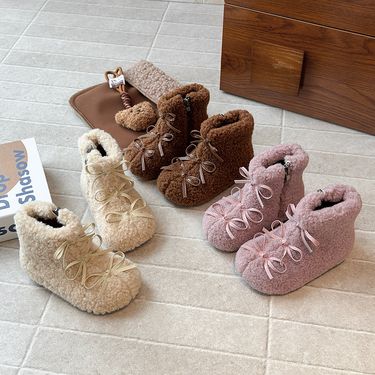 ShoeGlobe Cute Bowknot 2025 Winter New Snow Furry Girls Fleece Lined Warm Short Boots_voghion.com