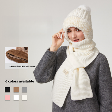 New Knitted Autumn Winter Women's Korean Style Cute Plush One-piece Outdoor Fleece-lined Warm Scarf Pullover Hat_voghion.com