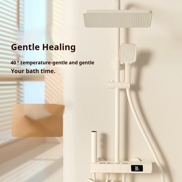 Cream white shower set for home bathroom with constant temperature, cold hot digital display, and pressurized showerhead_voghion.com