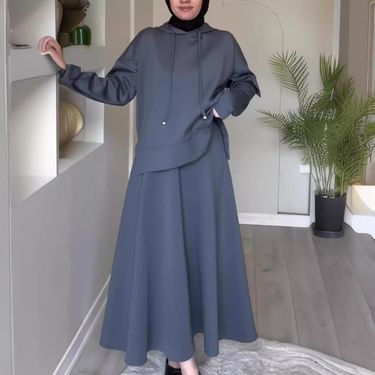 Women's Clothing Middle East Fashion Sweater Skirt Suit Solid Color Hooded Pullover Top A Line Skirt Casual Suit For Women_voghion.com