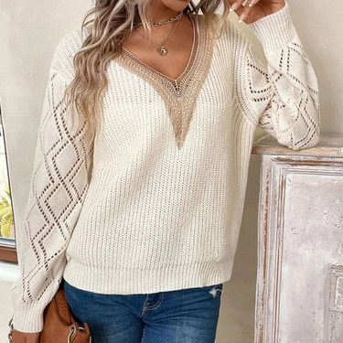Women's Clothing V-Neck Lace Sweater Loose Casual Pullover Women's Sweater_voghion.com