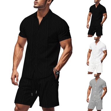 Men's Clothing Casual Short Sleeved Shirt Shorts Two Piece Jacquard Casual_voghion.com
