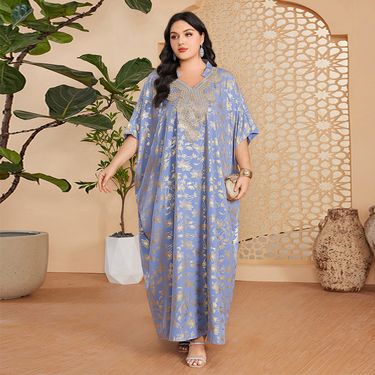 New Women's Gold Stamped Long Sleeved Muslim Dress_voghion.com