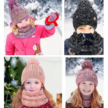 Kids' Clothing children's wool ball hat scarf gloves three piece set winter children's plush warm knitted suit_voghion.com