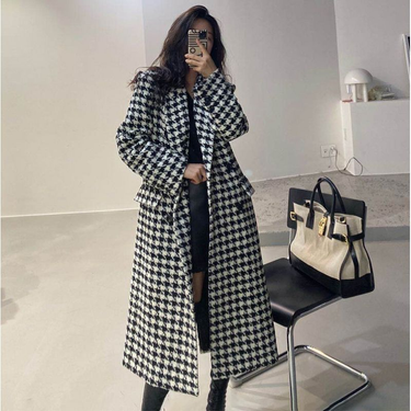 Women's autumn and winter houndstooth long over-the-knee woolen coat for ladies_viptrois.com