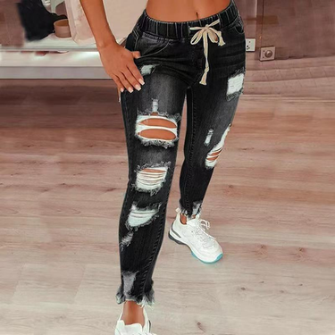 Women's High-waist Ripped Elastic Waist Drawstring Jeans For Women 802_voghion.com