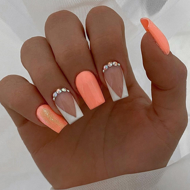 Bright 24Pcs Orange Mid-Length Square False Nails Triangle French Glitter Press On Nail Wearable Reusable Fake_voghion.com