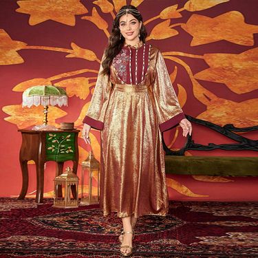 Muslim Style Stand Up Collar Women's Large Size Dress Fashionable Temperament Loose Dress_voghion.com