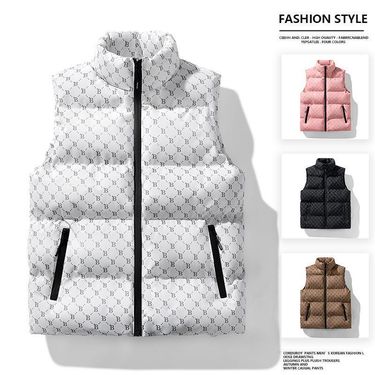Men's Quilted Sleeveless Vest With Zip Pockets Warm Winter Padded Jacket For Spring, Slim Fit Stand Collar,Cotton Blend Fabric (Black/White/Pink)_voghion.com