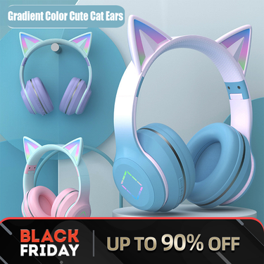 Headset Bluetooth Headphone Wireless Music Gradient Color LED Light Cat Ear With Mic Gamer Earphone Christmas Gifts_voghion.com