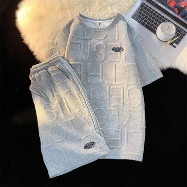 Man's Clothing 2024 New Casual Sports Suit Men's And Women's Waffle College Style Short Sleeve T-Shirt Loose Letter Shorts Summer Two-Piece Set_voghion.com