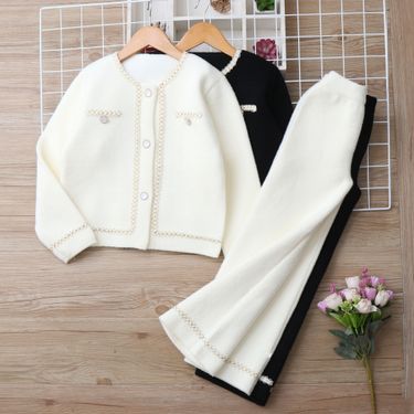 Mother & Kids Knitted Sweater Suit Girls Knit Sweater And Pants Set - Soft French Terry Two-Piece Outfit With Lace Trim (White/Black, 120-160cm)_voghion.com