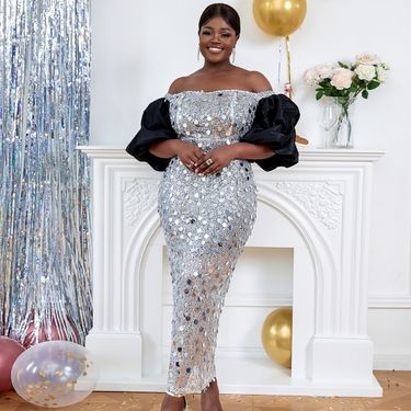 Women's Clothing sequin dress large size sexy one shoulder one step skirt Party dress_voghion.com