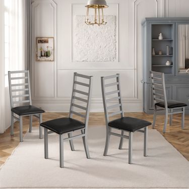 Metal Dining Chairs Set Of 4, Steel Legs And PU Leather Seats, High Back Armless Dining Chairs, For Kitchen, Living Room, Grey_voghion.com