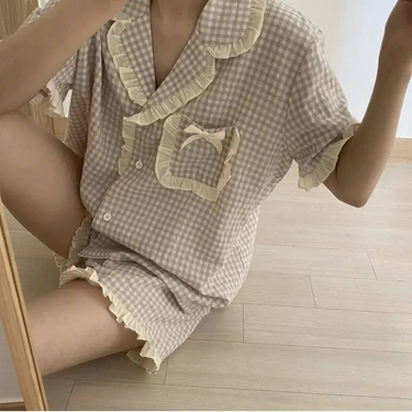 Korean Pajama For Women Summer Loungewear Sleepwear Sets Girls Sweet Plaid Lapel Pyjama Kawaii Ruffle Pijama Japanese Home Suit_voghion.com