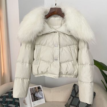 Women's Clothing Spot Winter New Women's Short Thick Warm Oversized Real Raccoon Fur Collar Down Jacket Small Size Coat_voghion.com